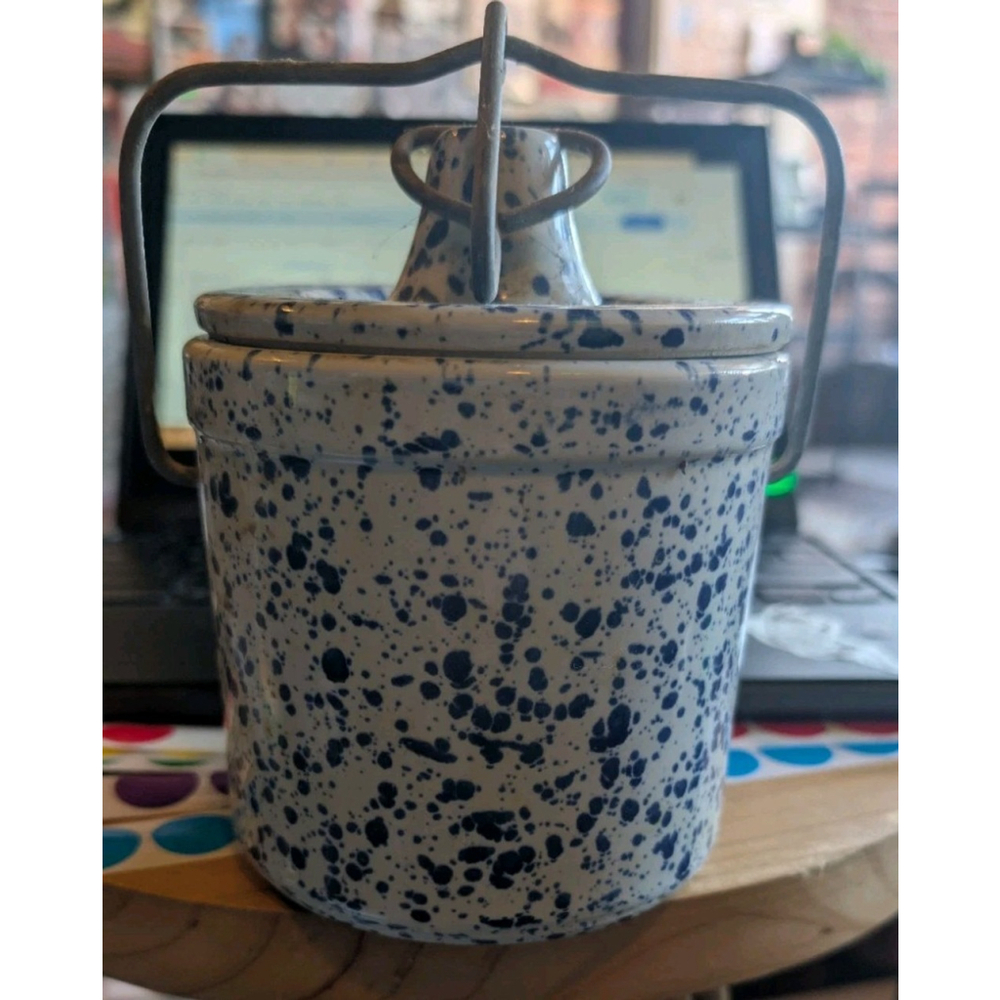 Vintage Sponge Painted Blue Speckled Crock Stoneware